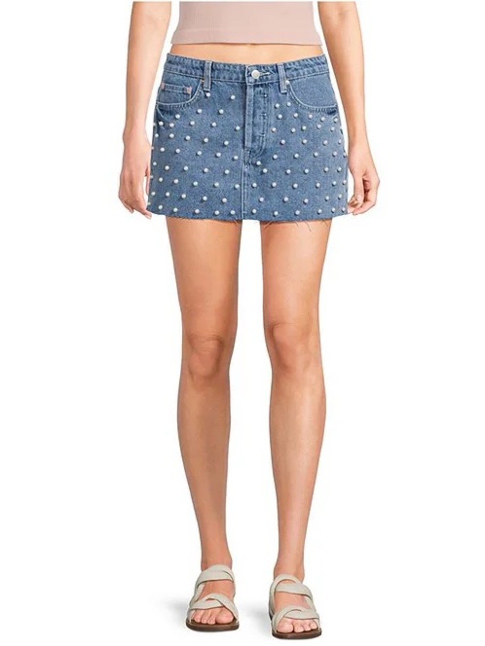 Signature8 Pearl-Studded Blue Denim Mini Skirt